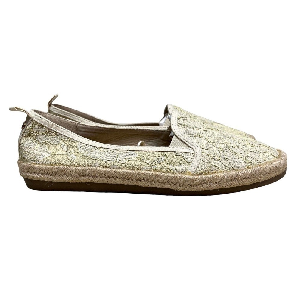 London Fog LALA Espadrilles Shoes Cream Lace Pattern Slip On Cushioned Women 9M